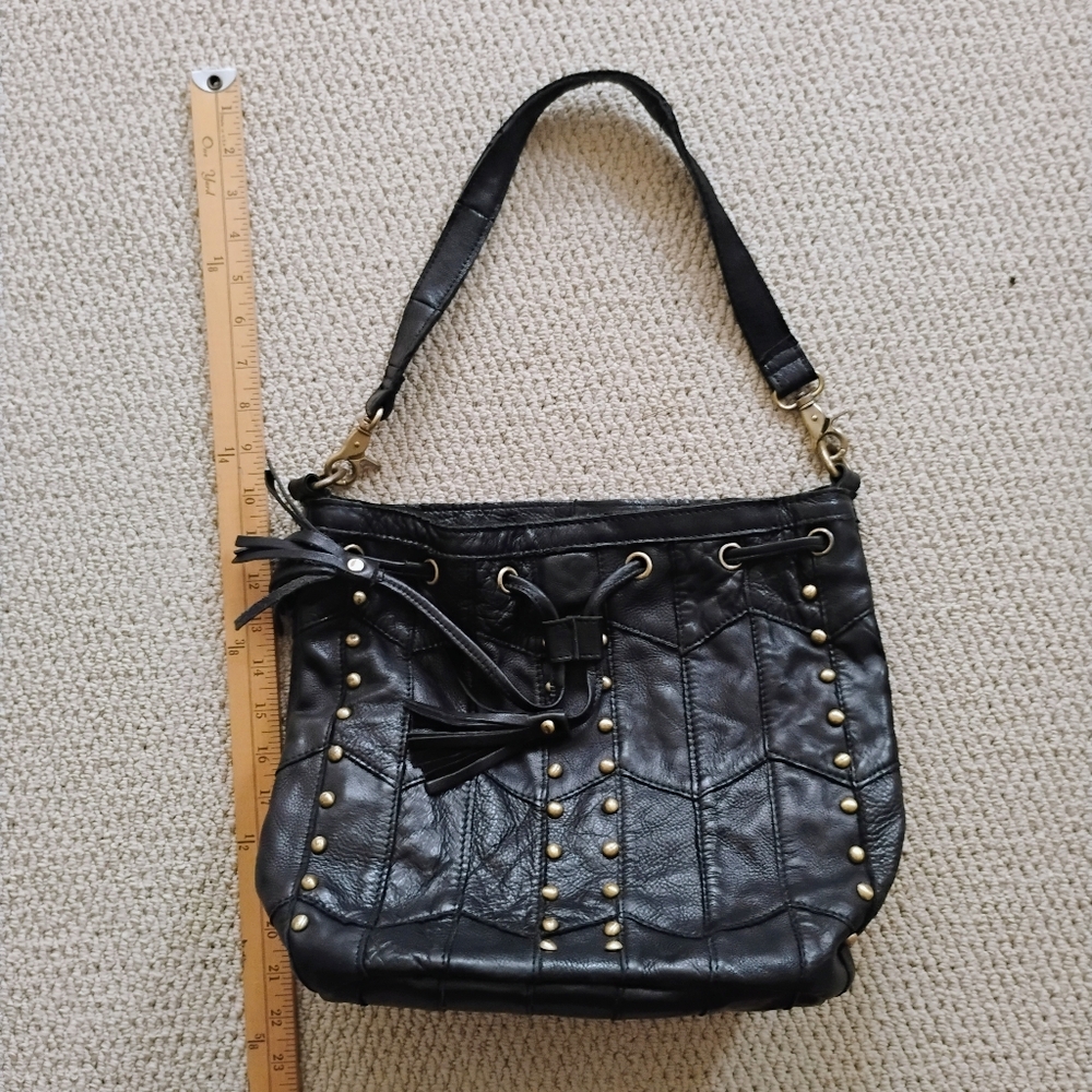 Amerileather Luxury Leather Tassel Studded Bucket Black Bag Moto Hippie Biker - Picture 8 of 12